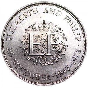 Crown 1972 England Elizabeth and Philip price, composition, diameter, thickness, mintage, orientation, video, authenticity, weight, Description