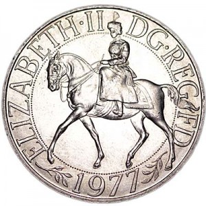 Crown 1977 England, Elizabeth on the horse price, composition, diameter, thickness, mintage, orientation, video, authenticity, weight, Description