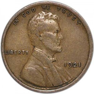 1 цент 1921 США Пшеничный, P, из обращения цена, стоимость