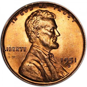 1 cent 1951 Wheat ears USA, mint D