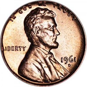 1 цент 1961 США Линкольн D, UNC цена, стоимость