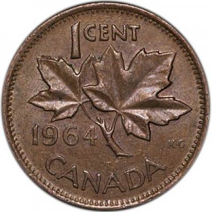 1 цент 1964 Канада, из обращения цена, стоимость