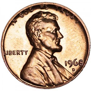 1 цент 1968 США Линкольн D, UNC цена, стоимость