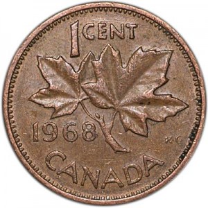 1 cent 1968 Canada, from circulation price, composition, diameter, thickness, mintage, orientation, video, authenticity, weight, Description