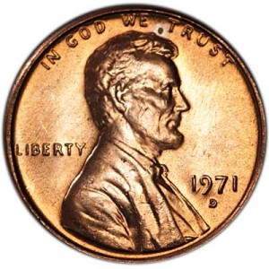 1 цент 1971 Линкольн, США, двор D цена, стоимость