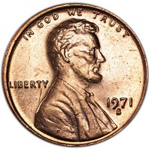 1 цент 1971 Линкольн, США, двор S цена, стоимость