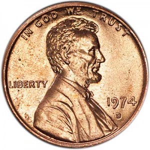 1 cent 1974 D USA price, composition, diameter, thickness, mintage, orientation, video, authenticity, weight, Description