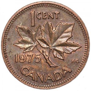 1 цент 1975 Канада, из обращения цена, стоимость