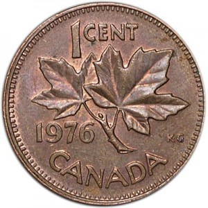 1 цент 1976 Канада, из обращения цена, стоимость