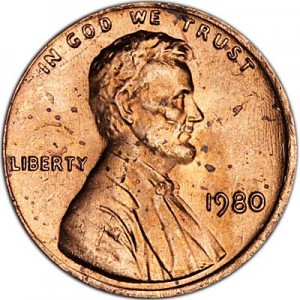 1 цент 1980 США P цена, стоимость
