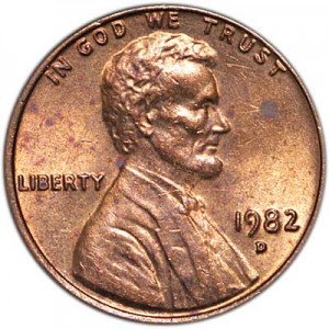 1 цент 1982 США D цена, стоимость