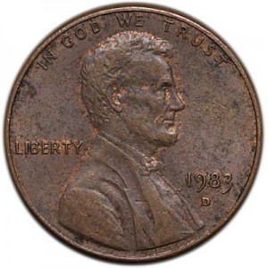 1 цент 1983 США D цена, стоимость