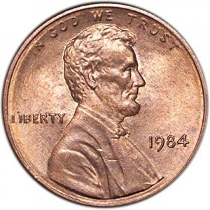 1 cent 1984 P US price, composition, diameter, thickness, mintage, orientation, video, authenticity, weight, Description