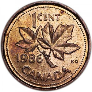 1 цент 1986 Канада, из обращения цена, стоимость