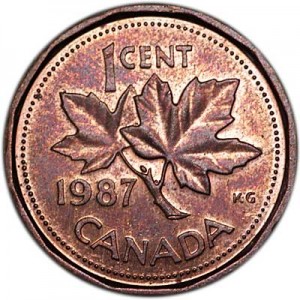 1 цент 1987 Канада, из обращения цена, стоимость