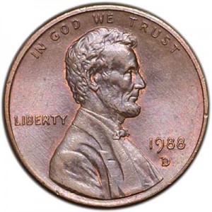 1 цент 1988 США D цена, стоимость
