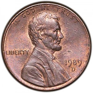 1 цент 1989 США D цена, стоимость