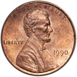 1 cent 1990 P US price, composition, diameter, thickness, mintage, orientation, video, authenticity, weight, Description