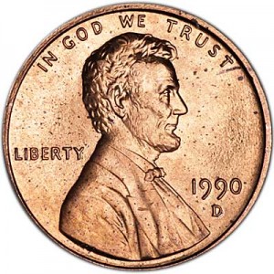 1 цент 1990 США D, UNC цена, стоимость