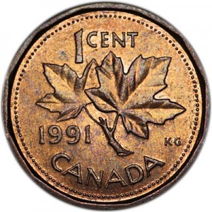 1 цент 1991 Канада, из обращения цена, стоимость
