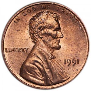 1 cent 1991 P US price, composition, diameter, thickness, mintage, orientation, video, authenticity, weight, Description
