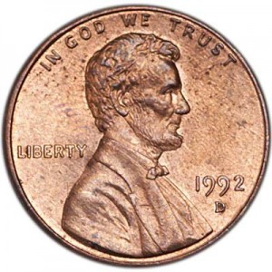 1 cent 1992 D US price, composition, diameter, thickness, mintage, orientation, video, authenticity, weight, Description