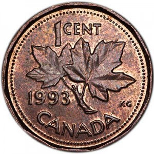 1 цент 1993 Канада, из обращения цена, стоимость