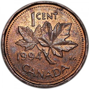 1 цент 1994 Канада, из обращения цена, стоимость