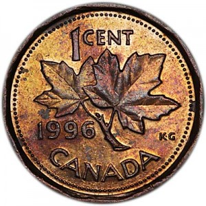 1 цент 1996 Канада, из обращения цена, стоимость