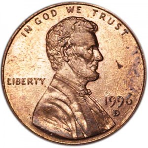 1 цент 1996 США D цена, стоимость