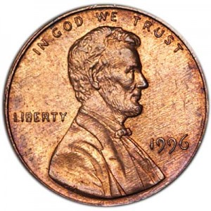 1 cent 1996 P US price, composition, diameter, thickness, mintage, orientation, video, authenticity, weight, Description