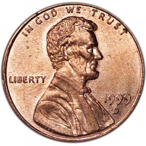 1 cent 1999 D US price, composition, diameter, thickness, mintage, orientation, video, authenticity, weight, Description