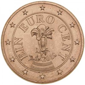 1 цент 2018 Австрия, UNC цена, стоимость