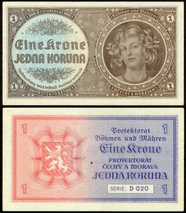 1 крона 1940 Протекторат Богемии и Моравии, банкнота XF цена, стоимость