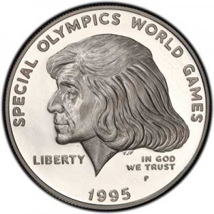 1 Dollar 1995 USA Special Olympics World Games PROOF Silver Dollar Preis, Komposition, Durchmesser, Dicke, Auflage, Gleichachsigkeit, Video, Authentizitat, Gewicht, Beschreibung