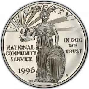 Dollar 1996 USA National Community Service  proof price, composition, diameter, thickness, mintage, orientation, video, authenticity, weight, Description