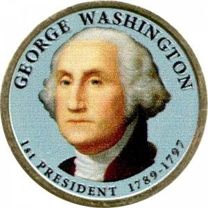 1 доллар 2007 США, 1 президент Джордж Вашингтон цветной, 1 доллар серии Президентские доллары США, цена, стоимость