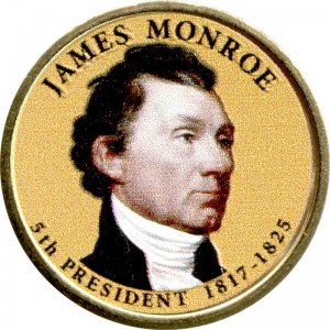 1 доллар 2008 США, 5-й президент Джеймс Монро цветной, 1 доллар серии Президентские доллары США,  цена, стоимость