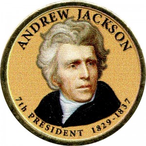 1 доллар 2008 США, 7-й президент Эндрю Джэксон цветной, 1 доллар серии Президентские доллары США, цена, стоимость