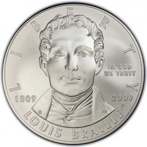 1 доллар 2009 США Луи Брайль,  UNC, серебро