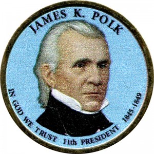 1 dollar 2009 USA, 11th president James K. Polk colored price, composition, diameter, thickness, mintage, orientation, video, authenticity, weight, Description