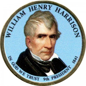 1 доллар 2009 США, 9-й президент Уильям Генри Гаррисон цветной, 1 доллар серии Президентские доллары США, цена, стоимость