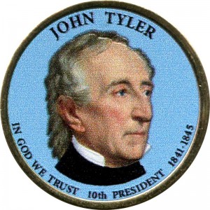 1 dollar 2009 USA, 10th president John Tyler colored price, composition, diameter, thickness, mintage, orientation, video, authenticity, weight, Description