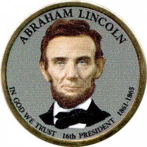 1 dollar 2010 USA, 16th president Abraham Lincoln colored price, composition, diameter, thickness, mintage, orientation, video, authenticity, weight, Description