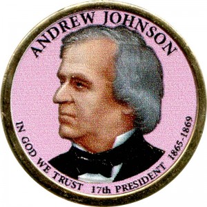 1 доллар 2011 США, 17-й президент Эндрю Джонсон (цветная), 1 доллар серии Президентские доллары США, цена, стоимость