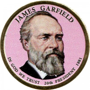 1 dollar 2011 USA, 20th president James Garfield colored price, composition, diameter, thickness, mintage, orientation, video, authenticity, weight, Description
