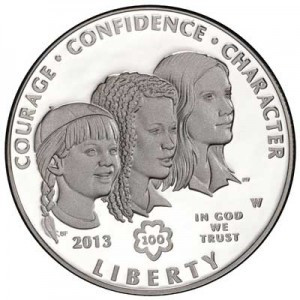 1 dollar 2013 USA Girl Scouts,  proof price, composition, diameter, thickness, mintage, orientation, video, authenticity, weight, Description