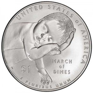 1 dollar 2015 USA March of Dimes,  UNC price, composition, diameter, thickness, mintage, orientation, video, authenticity, weight, Description