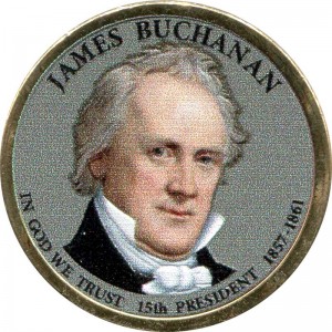 1 dollar 2010 USA, 15th president James Buchanan colored price, composition, diameter, thickness, mintage, orientation, video, authenticity, weight, Description