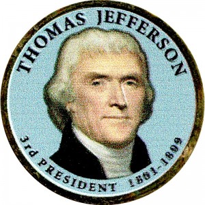 1 dollar 2007 USA, 3 president Thomas Jefferson colored price, composition, diameter, thickness, mintage, orientation, video, authenticity, weight, Description